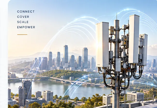 A mobile network tower with several antennas above a city and a river, with radio beams arcing over the skyline and the words connect, cover, scale and empower.