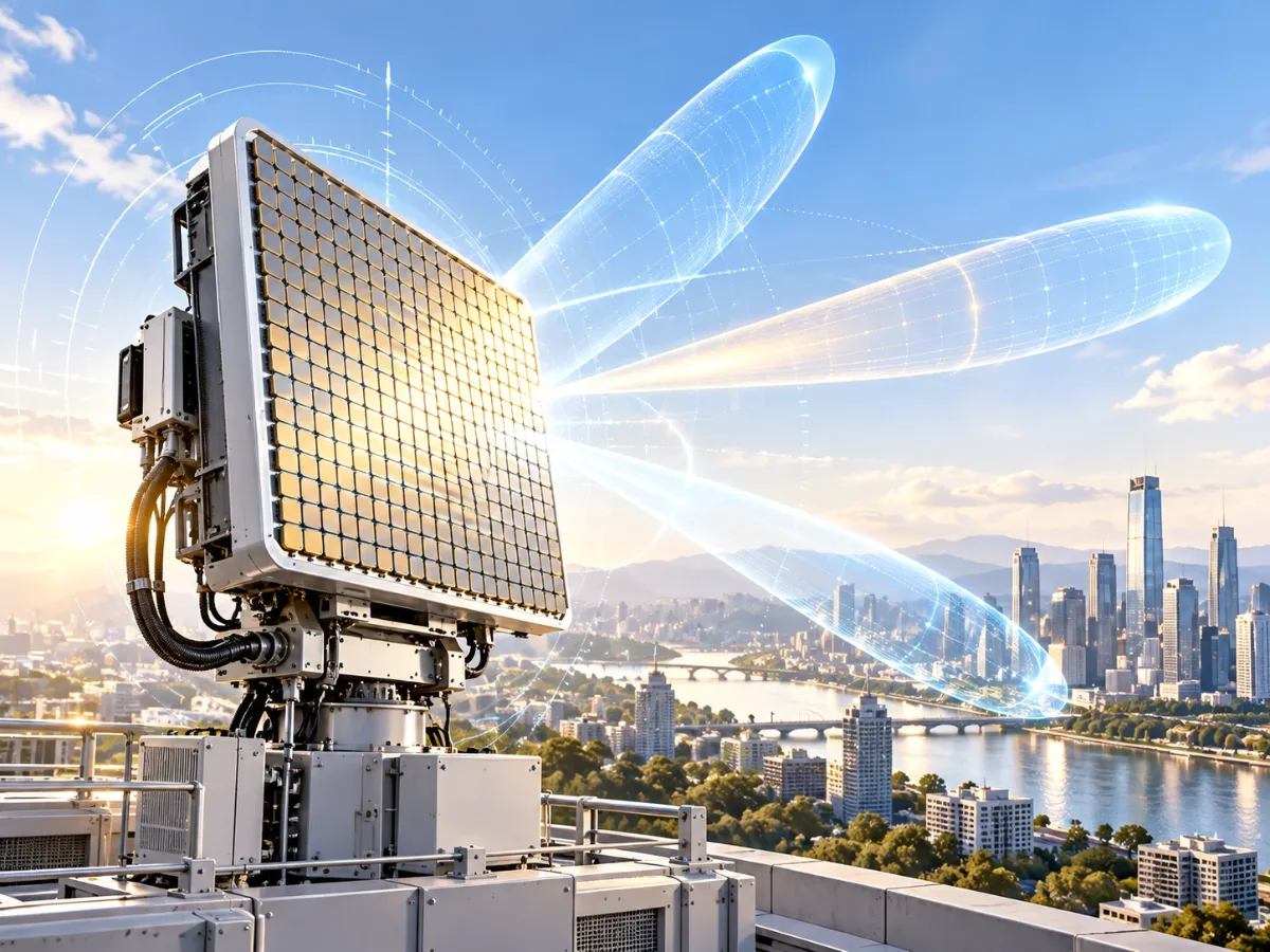 A flat active antenna array on a rooftop forming several radio beams above a city and a river.