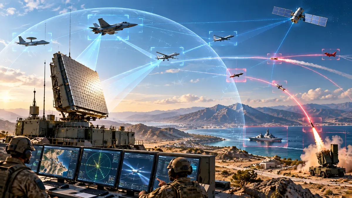 A ground radar array and two operators at their screens, with aircraft, a ship and an incoming missile tracked inside a radio dome over a coast.