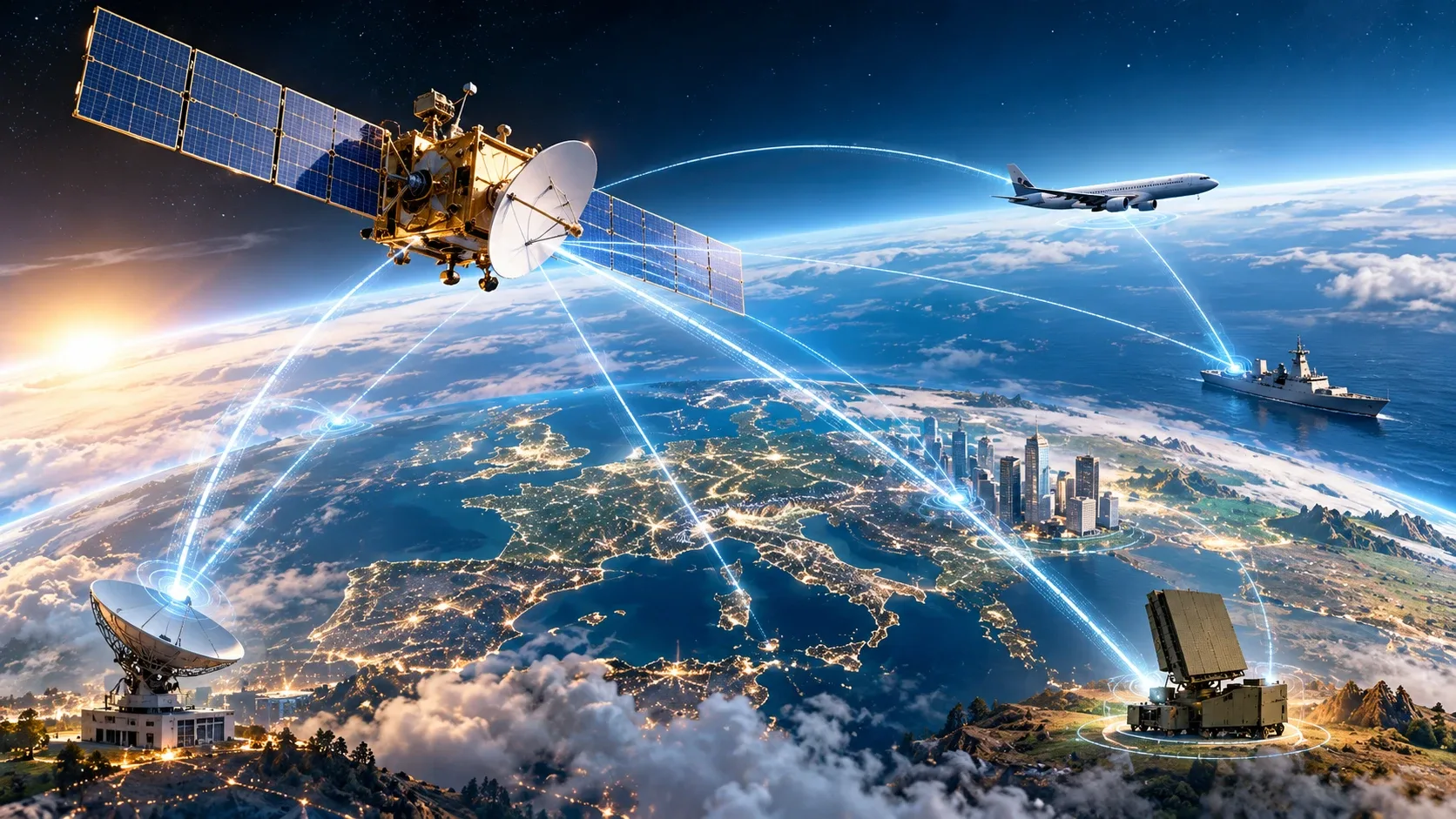 A satellite, an aircraft, a ship, a ground station, a radar and a city linked by radio beams over a night view of Europe.