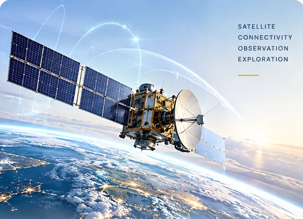 A satellite with solar panels and a dish above the Earth at dawn, with the words satellite, connectivity, observation and exploration.