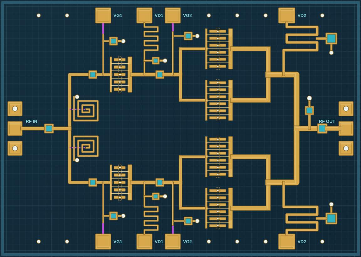 Illustration of a GaN PA MMIC layout, with RF input and output and gold circuit structures on a dark background