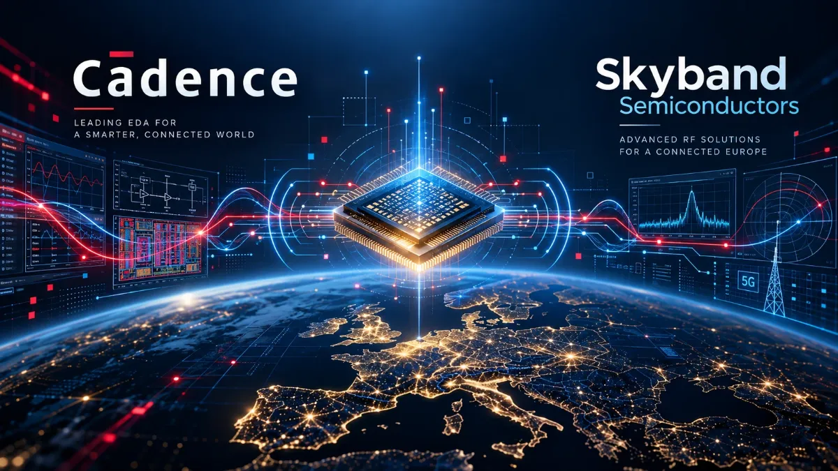 Cadence and SkyBand Semiconductors names either side of a chip, with circuit and waveform panels, above a map of Europe.