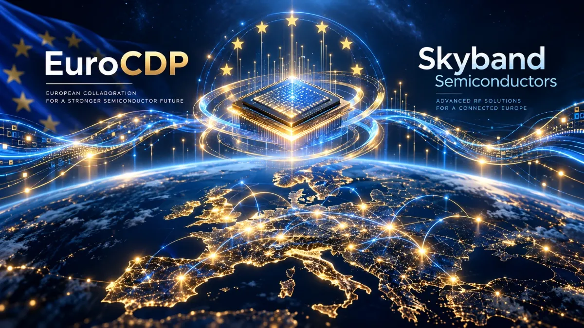 EuroCDP and SkyBand Semiconductors names either side of a chip ringed by the stars of Europe, above a night map of Europe.