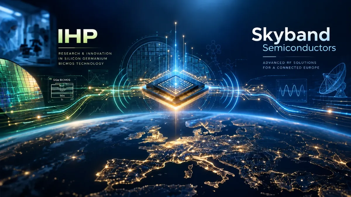 IHP and SkyBand Semiconductors names either side of a chip, with a SiGe BiCMOS cross-section, above a map of Europe.
