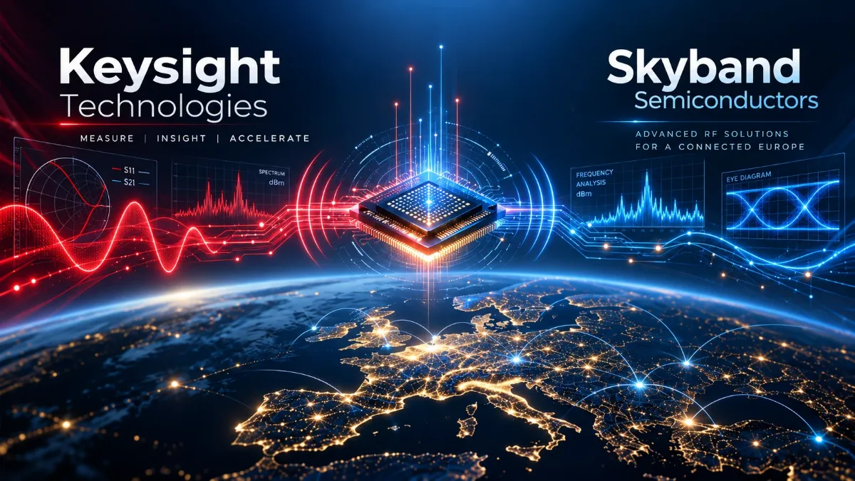 Keysight Technologies and SkyBand Semiconductors names either side of a chip, with measurement plots, above a map of Europe.