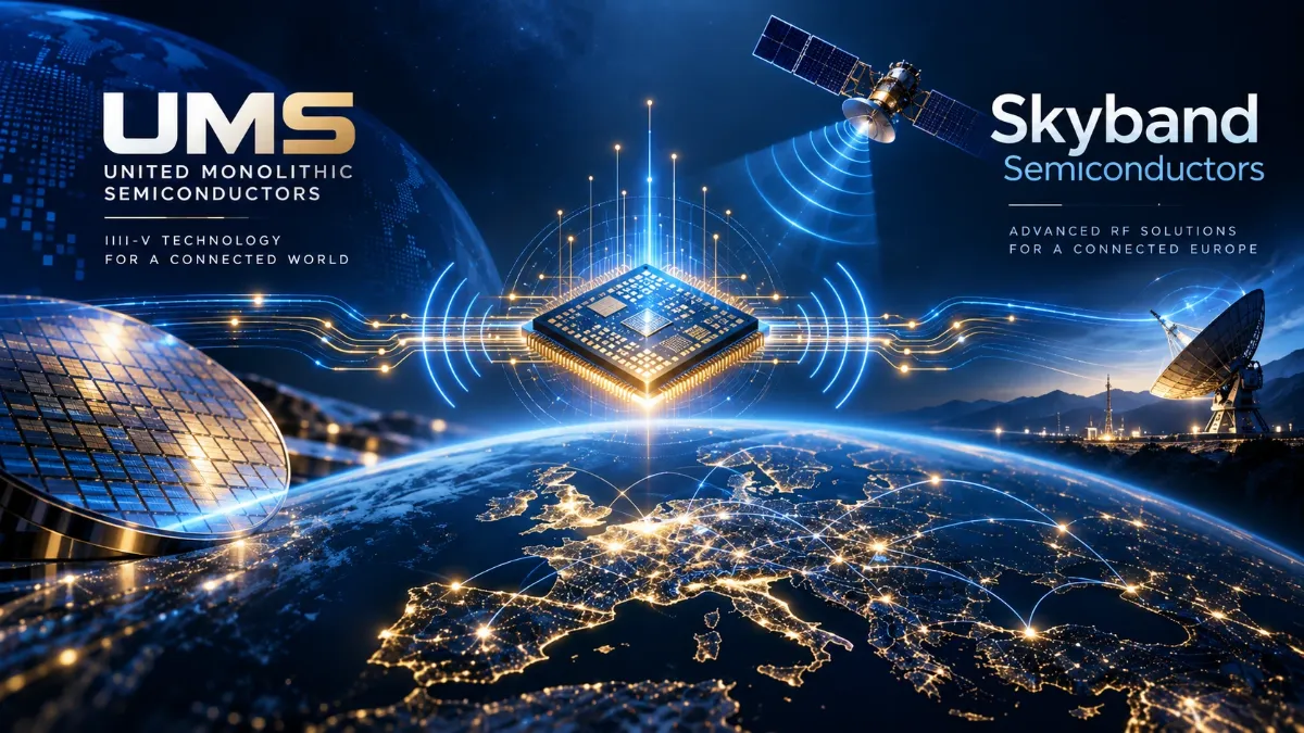 UMS United Monolithic Semiconductors and SkyBand Semiconductors names either side of a chip above Europe.